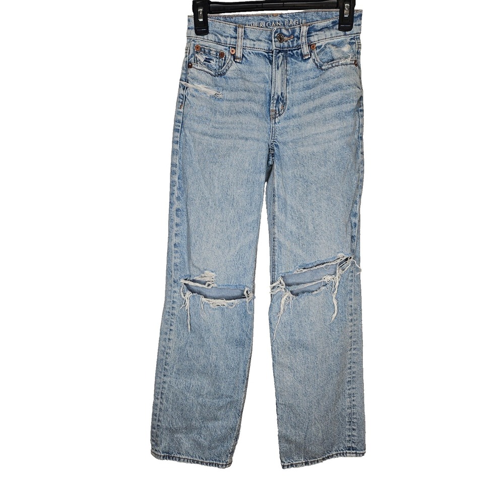 American Eagle Strigid 000 Ripped‎ Straight Leg Jeans Light Wash Grunge